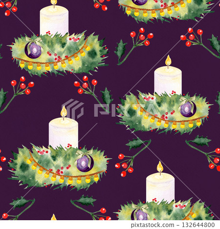 Candles, pine branches, holly berries, baubles, watercolor seamless Christmas pattern on dark background. Ideal for wrapping paper, fabric, festive backgrounds, holiday crafts, invitations, table Candles, pine branches, holly berries, baubles, watercolor seamless Christmas pattern on dark background. Ideal for wrapping paper, fabric, festive backgrounds, holiday crafts, invitations, table 132644800