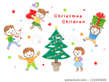 手繪插圖，描繪孩子們享受聖誕節的情景 132644808