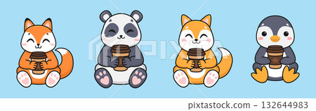 Cute cartoon animals drinking coffee. Isolated background. Vector illustration 132644983
