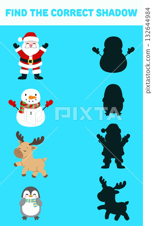 Find the correct shadow. Christmas elements. Isolated background. Vector cartoon illustration. 132644984