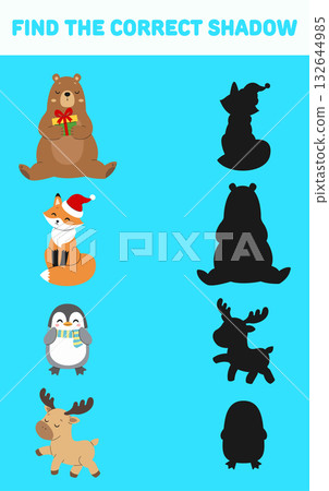 Find the correct shadow. Christmas elements. Isolated background. Vector cartoon illustration. Find the correct shadow. Christmas elements. Isolated background. Vector cartoon illustration. 132644985