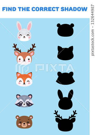 Find the correct shadow. Cute forest animals. Educational games for children. Vector illustratio Find the correct shadow. Cute forest animals. Educational games for children. Vector illustratio 132644987