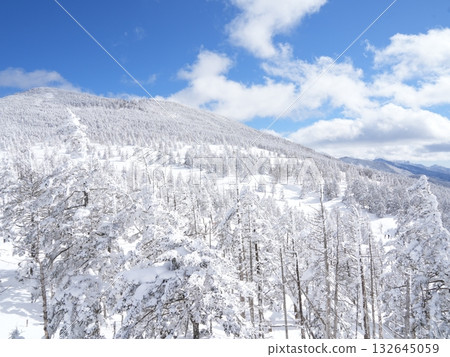 Panorama of the snowy mountains of Northern Yatsugatake | Clear blue sky, sunshine, and ropeway 132645059