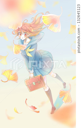 女學生身穿水手服，邊走邊抬頭，背景是銀杏。 132645123