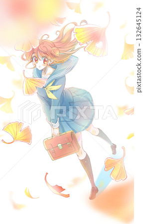 Female student walking and looking up, sailor uniform, ginkgo 132645124