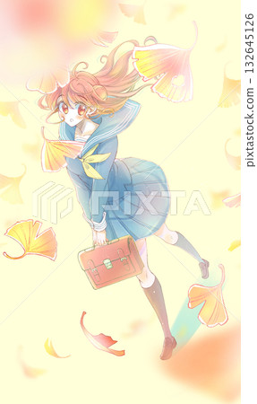 Female student walking and looking up, sailor uniform, ginkgo 132645126