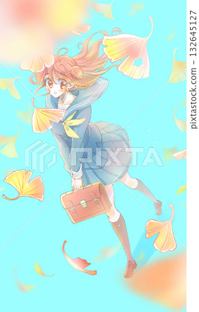 女學生身穿水手服,邊走邊抬頭,背景是銀杏。 女學生身穿水手服,邊走邊抬頭,背景是銀杏。 132645127