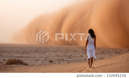 Sandstorm and a woman in the desert. Climate change in Africa is causing a terrible sandstorm, carrying mud and sand across the savannah, disrupting normal life. Sandstorm and a woman in the desert. Climate change in Africa is causing a terrible sandstorm, carrying mud and sand across the savannah, disrupting normal life. 132645226