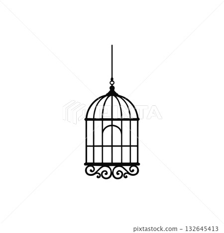 Bird cage silhouette hanging pet home isolated on white background 132645413