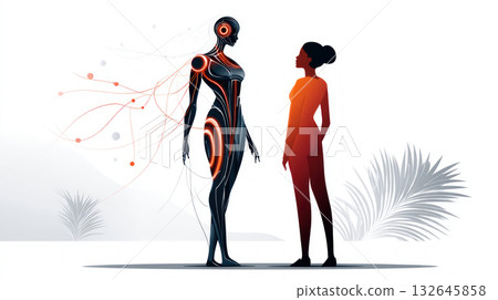 Futuristic AI personal assistant standing beside a person. Automation of generation and training of artificial intelligence technology machines, AI. 132645858