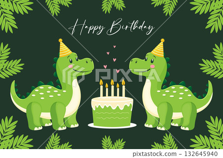Cute Dinosaur Birthday Card Vector Jungle Party Celebration. Cute Dinosaur Birthday Card Vector Jungle Party Celebration. 132645940