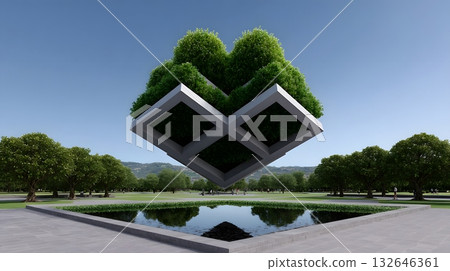 Geometric cube-shaped trees in a minimalist urban park 132646361