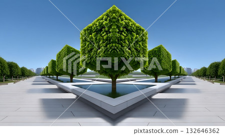 Geometric cube-shaped trees in a symmetrical urban nature park Geometric cube-shaped trees in a symmetrical urban nature park 132646362