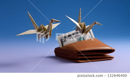 Origami birds taking flight from a wallet 132646400