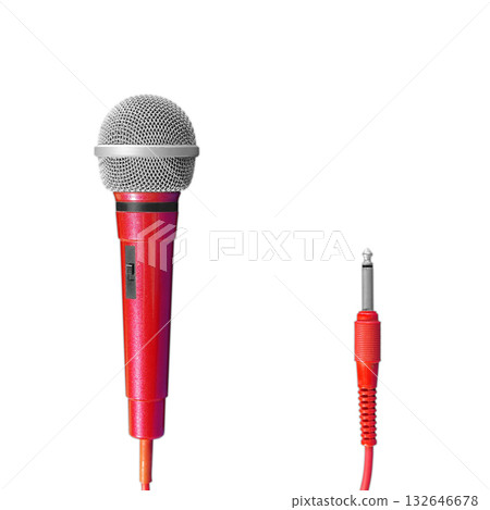 [剪切透明背景材料] 紅色有線卡拉OK麥克風 132646678