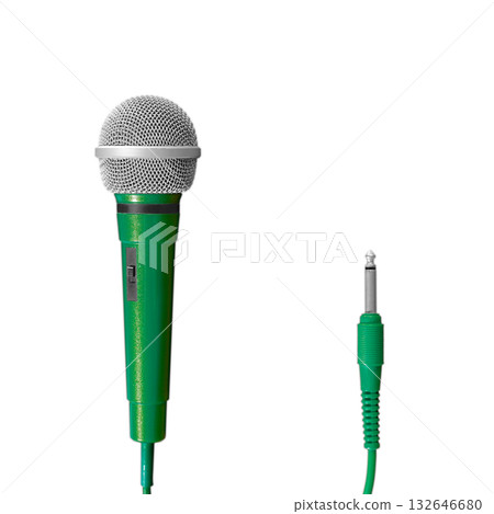 [Cutout transparent background material] Green corded karaoke microphone 132646680