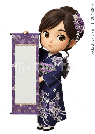 3D chibi woman in furisode holding a purple hanging scroll 3D chibi woman in furisode holding a purple hanging scroll 132646800