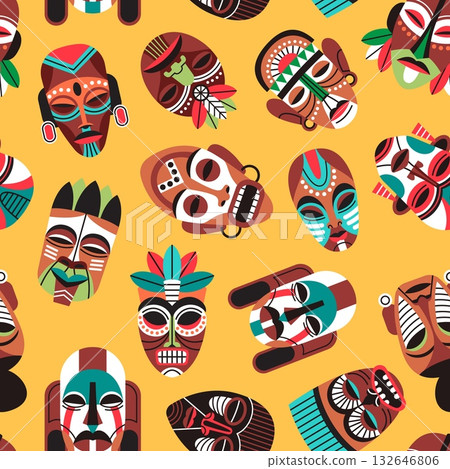African masks seamless pattern. Ritual elements, traditional decorative items, ethnic ornaments, wooden objects. Decor textile, wrapping paper, wallpaper. Print tidy vector background 132646806