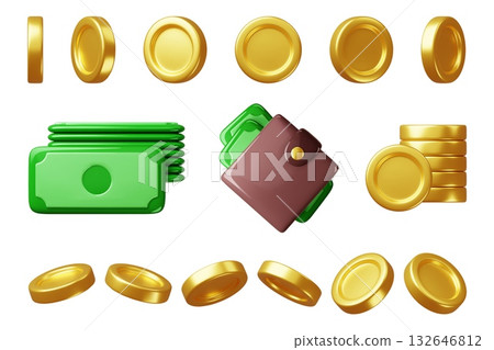 Cartoon 3d financial icons. Payment elements, money, finance and management objects, gold coins, banknotes and wallet, glossy render elements, bank and casino classy vector isolated set Cartoon 3d financial icons. Payment elements, money, finance and management objects, gold coins, banknotes and wallet, glossy render elements, bank and casino classy vector isolated set 132646812