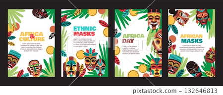 Cartoon african mask cards. Traditions poster, culture elements, ritual decorative items, frame with tropical leaves, patterned tribal faces, wooden objects, tidy vector set Cartoon african mask cards. Traditions poster, culture elements, ritual decorative items, frame with tropical leaves, patterned tribal faces, wooden objects, tidy vector set 132646813