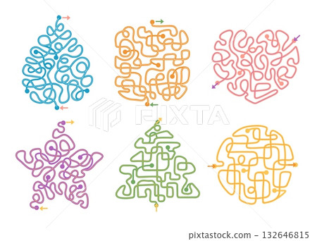Colorful maze ways. Kids labyrinth logic games, geometric different shapes, finding way, path templates, children playful education, searching exit scheme, splendid vector simple isolated set 132646815