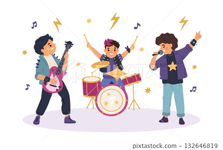 Funny rock band. Kids music trio, little guitarist, drummer and singer, live concert performing, musical instruments, children entertainment show, garish cartoon isolated vector concept 132646819
