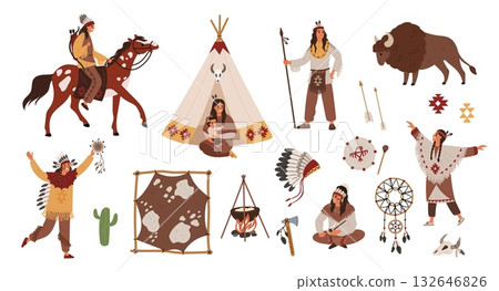 Native americans items. Indians people in traditional clothes, feather hat, household elements, dreamcatcher, horse rider and bison, ethnic men and women near wigwam garish vector cartoon set 132646826