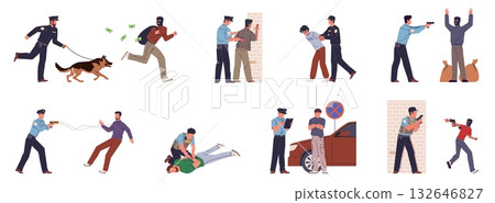 Policeman scenes. Officers in police uniforms fighting crime, observance and protection, fines, detentions, searches using handgun and stun gun, cartoon flat isolated nowaday vector set 132646827