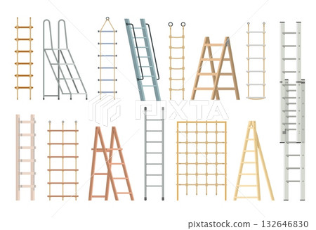 Rope ladders. Housekeeping climbing elements, different types step ladders, wooden, metal staircases, dummy and suspended, portable stairway qualitative vector flat style isolated set 132646830