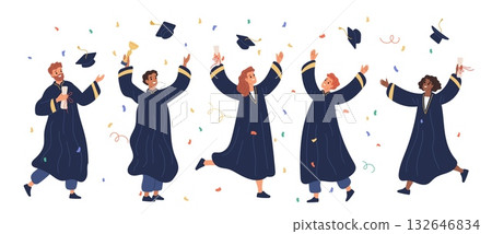 Tossing caps in air. Celebrating successful college completion, happy students in robes, university people have fun, men and women achievement goal garish vector cartoon isolated concept 132646834