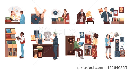 Vinyl records market visitors. Music lovers choose discs, people of different ages and subcultures in shop, vintage old melodies listening, customer and seller tidy vector cartoon flat set 132646835