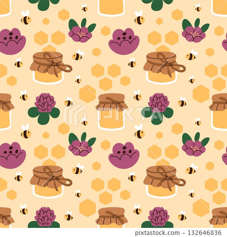 Apiary seamless pattern. Repeated honey farm element, organic sweet product, flying bees, combs and flowers. Kitchen textile, wrapping paper, wallpaper. Print for fabric garish vector background 132646836