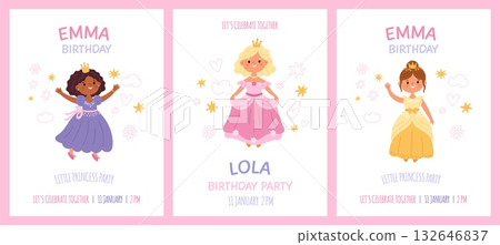 Birthday cartoon princess cards. Girly funny invitations greeting design, beautiful royal characters with magnificent dresses and crowns, fairy tale fantasy children posters garish vector set Birthday cartoon princess cards. Girly funny invitations greeting design, beautiful royal characters with magnificent dresses and crowns, fairy tale fantasy children posters garish vector set 132646837
