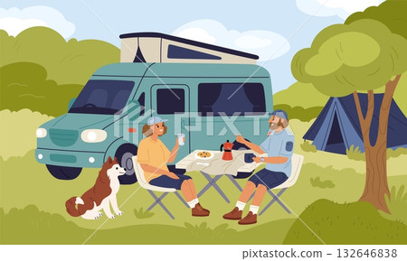 Camper on nature. Happy couple with dog on summer vacation, camping in nature, picnic in meadow, people resting, holiday travel adventure cartoon flat style isolated garish vector concept Camper on nature. Happy couple with dog on summer vacation, camping in nature, picnic in meadow, people resting, holiday travel adventure cartoon flat style isolated garish vector concept 132646838