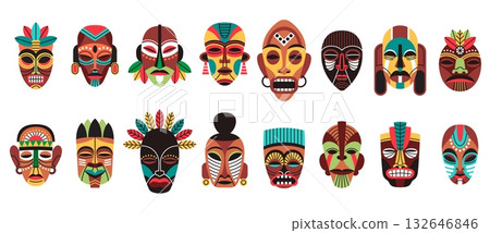 Cartoon african masks. Traditional tribal elements, decorative aborigine ornaments, ethnic ritual faces, wooden ceremonial objects, ancient tropical statue tidy vector isolated creative set 132646846
