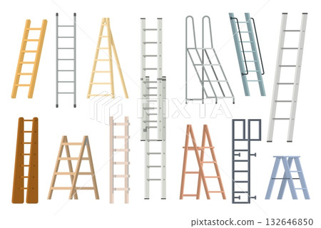 Cartoon step ladders. Different types wooden and metal staircases, home renovation and construction equipment, portable stairway for climbing or building, qualitative vector stepladder set 132646850