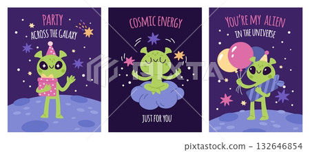 Cute aliens cards. Funny inscriptions, ufo humanoids, green little men, happy space characters, cosmos birthday party, poster and print cartoon flat style isolated garish vector set Cute aliens cards. Funny inscriptions, ufo humanoids, green little men, happy space characters, cosmos birthday party, poster and print cartoon flat style isolated garish vector set 132646854