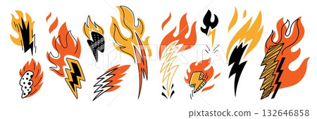 Doodle burning thunderbolts. Blazing lightning, hand drawn funny elements, decorative flashes, tongues of flame, fires burning, stickers and labels, garish vector cartoon isolated set 132646858
