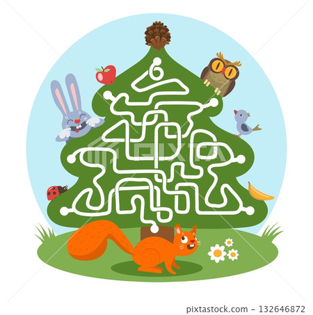 Kids maze game. Cute animals, help find way, children labyrinth, forest life, squirrel, owl, hare, funny characters, searching route cartoon flat style isolated splendid vector concept Kids maze game. Cute animals, help find way, children labyrinth, forest life, squirrel, owl, hare, funny characters, searching route cartoon flat style isolated splendid vector concept 132646872