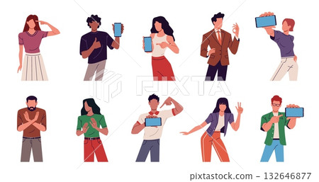 People pointing finger. Men and women gesticulate, flat characters with gadgets, blank smartphone screens, body language, finger point cartoon flat style isolated nowaday vector set People pointing finger. Men and women gesticulate, flat characters with gadgets, blank smartphone screens, body language, finger point cartoon flat style isolated nowaday vector set 132646877