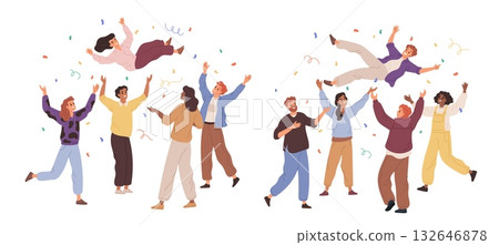 People throw up winners. Tossing in air, happy friends team celebrating success, rejoicing or birthday, team congratulates, holiday party cartoon flat style isolated garish vector set 132646878