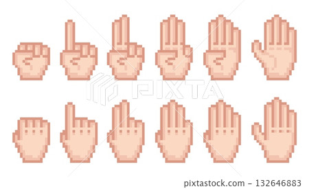 Pixel art fingers counting. Human palm on both sides, count from zero to ten, 8 bit hands icons, retro games assets, communication signs, numbers qualitative vector cartoon isolated set 132646883