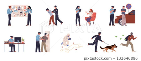 Police situations. Police officers solve case, arrest criminals, search thieves, record testimony collecting evidence. Professional characters in uniform cartoon flat nowaday vector set Police situations. Police officers solve case, arrest criminals, search thieves, record testimony collecting evidence. Professional characters in uniform cartoon flat nowaday vector set 132646886