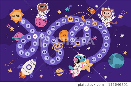 Step by step space game. Kids funny maze, gradual passage of path, cute animals, astronauts, planets and stars, children education cartoon flat style isolated garish vector concept Step by step space game. Kids funny maze, gradual passage of path, cute animals, astronauts, planets and stars, children education cartoon flat style isolated garish vector concept 132646891