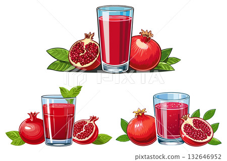 A glass of vibrant pomegranate juice alongside a halved fruit, Refreshing pomegranate juice with slices and seeds arranged beautifully around it, (Punica granatum) set 132646952