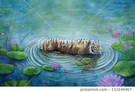 Tiger soaking in water lily pond Tiger soaking in water lily pond 132646967