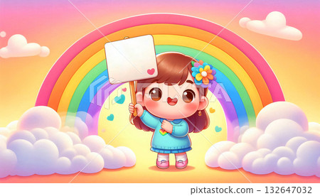 A cute kid holds a sign with a rainbow string for text on the back. 132647032