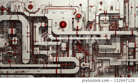 Background with metallic panels texture, wires and circuit. Spaceship hull wall technology background. Generated AI. Background with metallic panels texture, wires and circuit. Spaceship hull wall technology background. Generated AI. 132647128