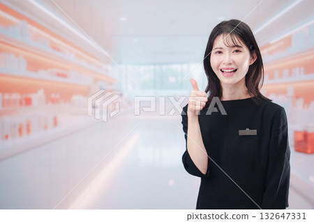 一位年輕的女售貨員正在化妝品店為顧客服務 132647331