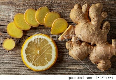 Fresh ginger and lemon slice. Fresh ginger and lemon slice. 132647365